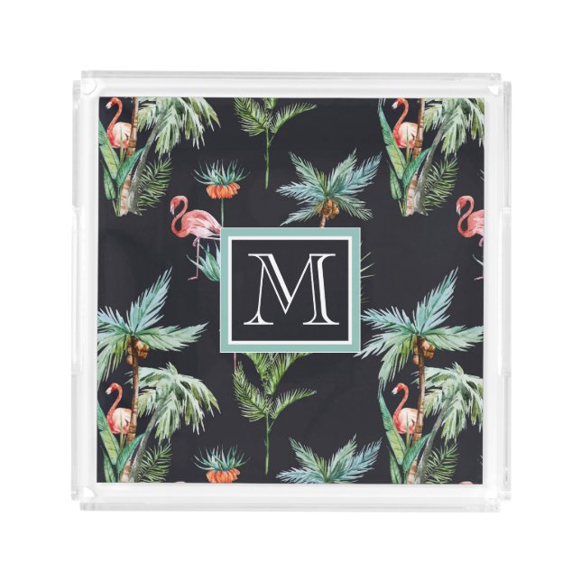 Watercolor Palm Pattern | Add Your Initial Acrylic Tray (Front)