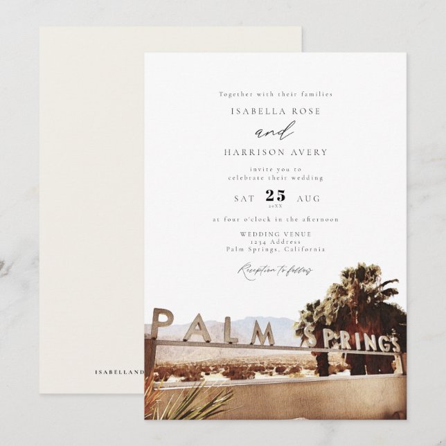 Watercolor Palm Springs California Sign Wedding Invitation (Front/Back)