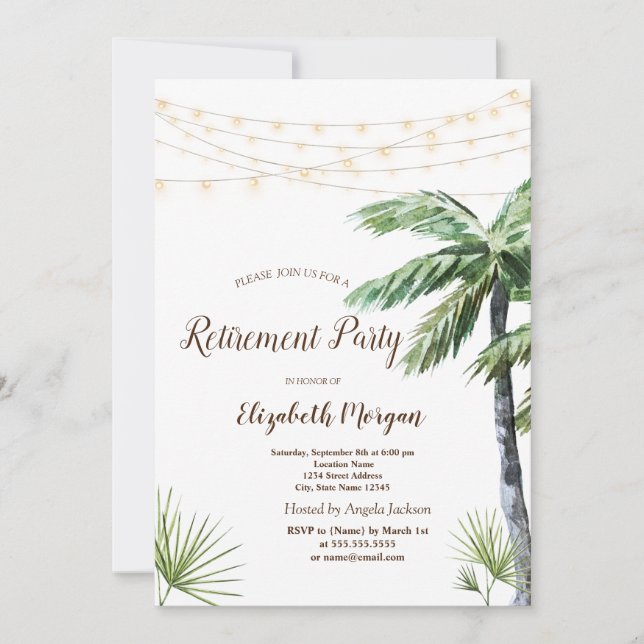 Watercolor Palm String Lights Retirement Party  Invitation (Front)