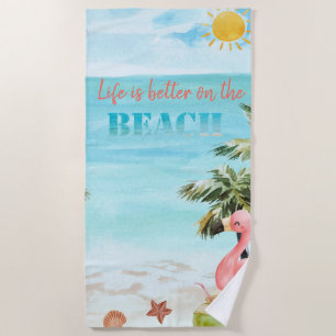 Watercolor Palm Sun Pink Flamingos Beach Towel