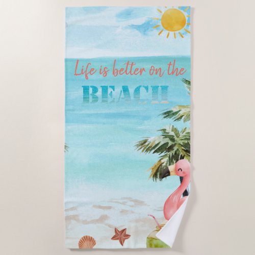 Watercolor Palm Sun Pink Flamingos Beach Towel