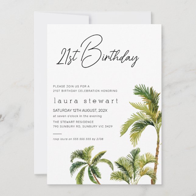 Watercolor Palm Tree 21st Birthday Invitation (Front)