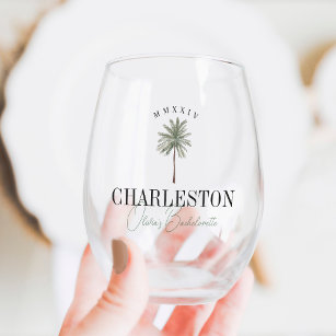 Watercolor Palm Tree Bachelorette Party Stemless Wine Glass