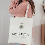 Watercolor Palm Tree Bachelorette Party Tote Bag<br><div class="desc">Welcome friends to your bachelorette party or girls weekend with these chic personalized tote bags. Design features a watercolor palm tree illustration with your destination beneath (shown with Charleston) in classic serif lettering. Add your event name beneath in dark green handwritten cursive script, with the year curved across the top...</div>