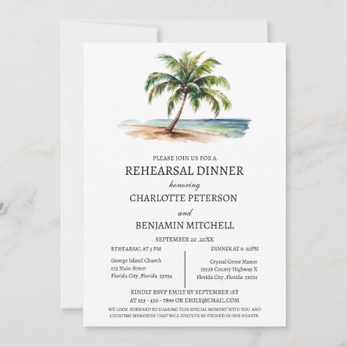 Watercolor Palm Tree Beach Rehearsal Dinner  Invitation