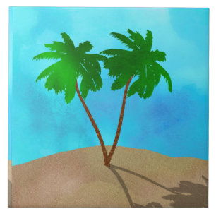 Watercolor Palm Tree Beach Scene Collage Ceramic Tile