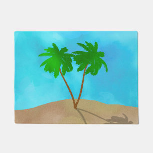 Watercolor Palm Tree Beach Scene Collage Doormat