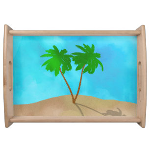 Watercolor Palm Tree Beach Scene Collage Serving Tray