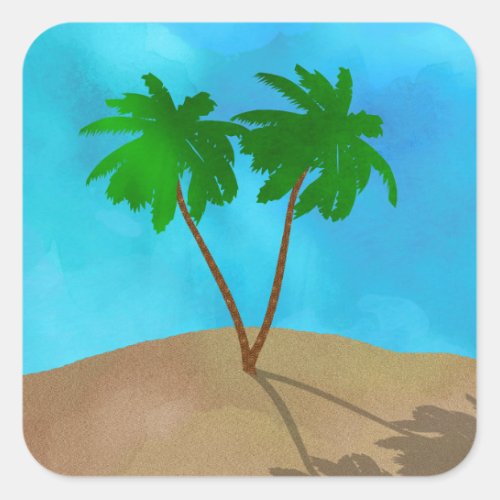 Watercolor Palm Tree Beach Scene Collage Square Sticker