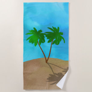 Watercolor Palm Tree Beach Scene Collage Towel