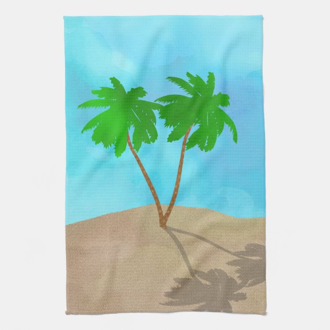 Watercolor Palm Tree Beach Scene Collage Towel (Vertical)