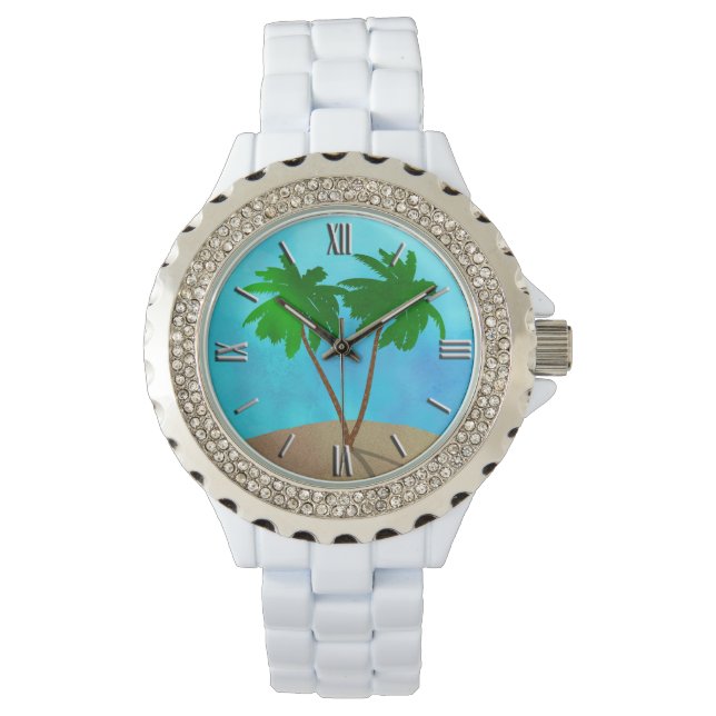 Watercolor Palm Tree Beach Scene Collage Watch (Front)