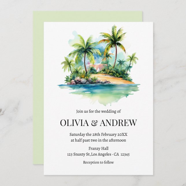 Watercolor Palm Tree Beach Tropical Island Wedding Invitation (Front/Back)