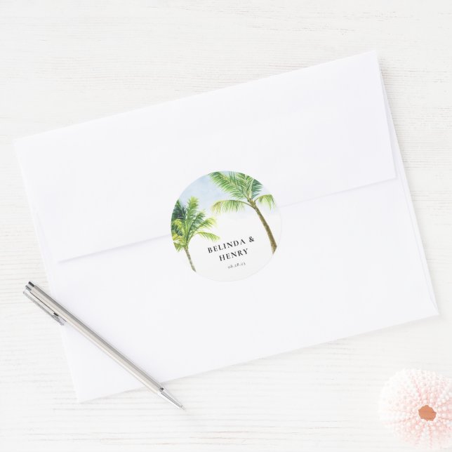 Watercolor Palm Tree Beach Wedding Classic Round Sticker (Envelope)