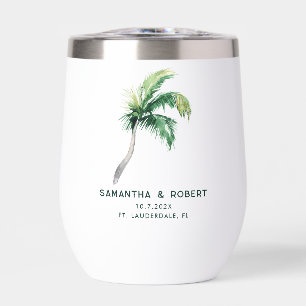 Watercolor Palm Tree Beach Wedding Custom Thermal Wine Tumbler