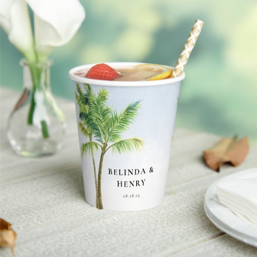 Watercolor Palm Tree Beach Wedding Paper Cups