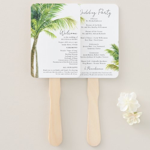 Watercolor Palm Tree Beach Wedding Program Hand Fan