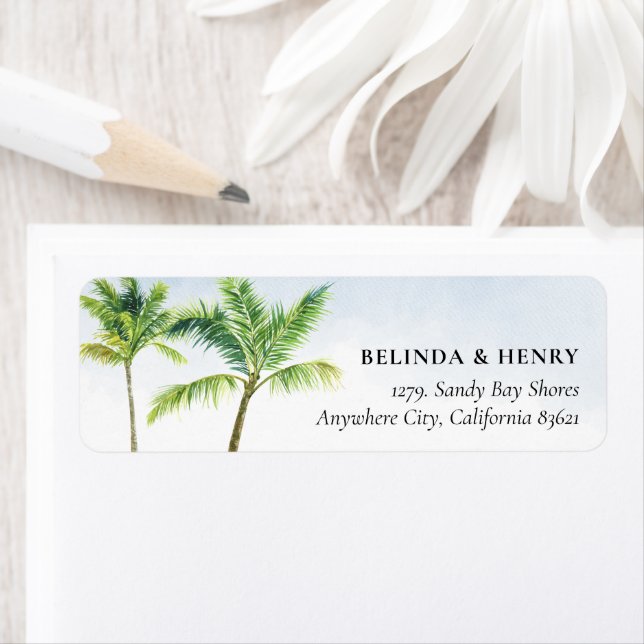 Watercolor Palm Tree Beach Wedding Return Address Label (Insitu)