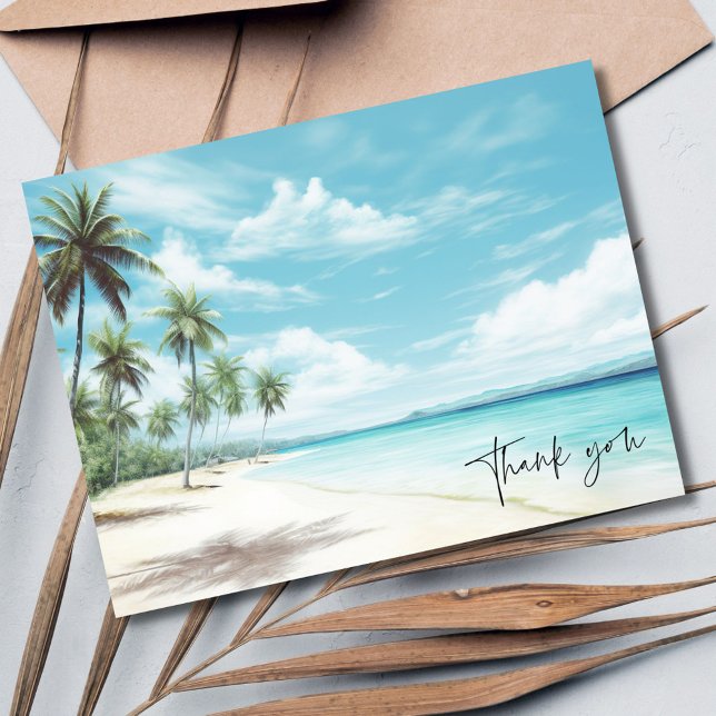 Watercolor Palm Tree Beach Wedding Thank You Postcard (Watercolor Palm Tree Beach Wedding Thank You Postcard)