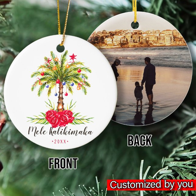 Watercolor Palm tree Christmas Mele Kalikimaka  Ceramic Ornament (Creator Uploaded)