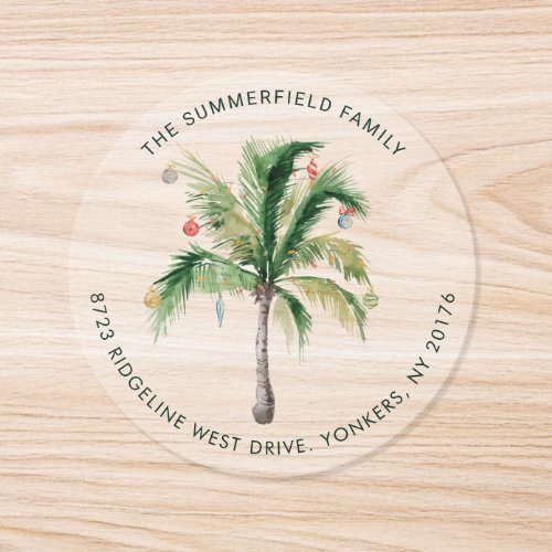 Watercolor Palm Tree Christmas Return Address Classic Round Sticker