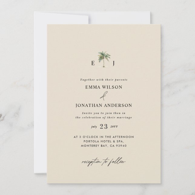 Watercolor Palm Tree Destination coastal Wedding  Invitation (Front)
