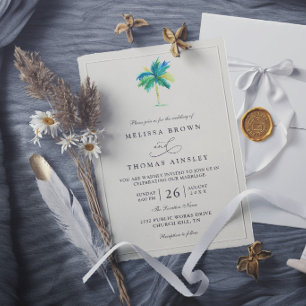 Watercolor Palm Tree Destination Elegant Wedding Invitation