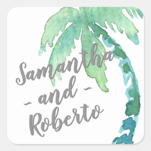 Watercolor Palm Tree Destination Wedding Names Square Sticker