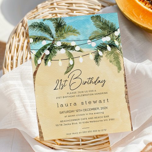 Watercolor Palm Tree Fairy lights 21st Birthday Invitation