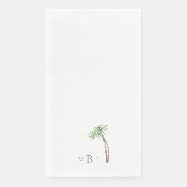 Watercolor Palm Tree Green Monogram Paper Guest Towels (Front)