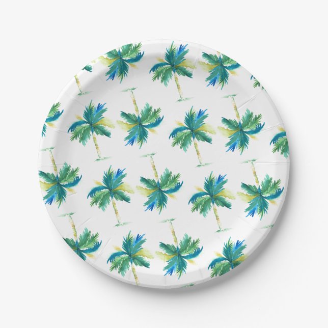 Watercolor Palm Tree Pattern Paper Plates (Front)