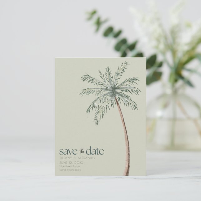 Watercolor Palm Tree Photo Beach Wedding Save The Date (Standing Front)