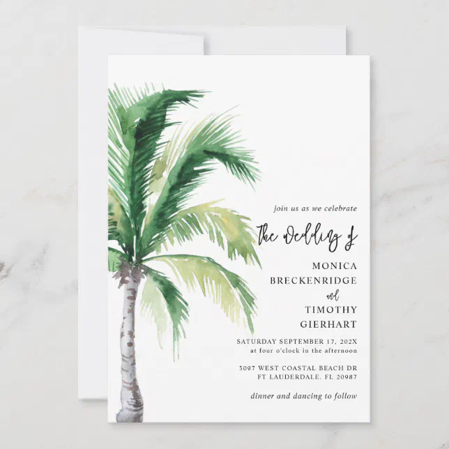 Watercolor Palm Tree Script Destination Wedding Invitation | Zazzle