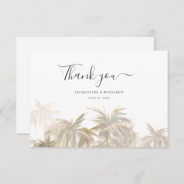 Watercolor Palm Tree Script Wedding Thank You Card (Front/Back)