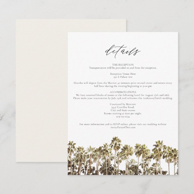 Watercolor Palm Tree Tropical Beach Details Card (Front/Back)