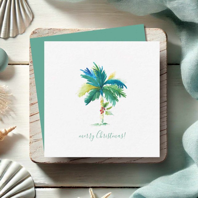 Watercolor Palm Tree Tropical Christmas Note Card (Mini Florida Christmas cards watercolor palm tree art by Victoria Grigaliunas Do Tell A Belle)