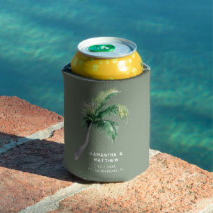 Watercolor Palm Tree Tropical Wedding Personalized Can Cooler