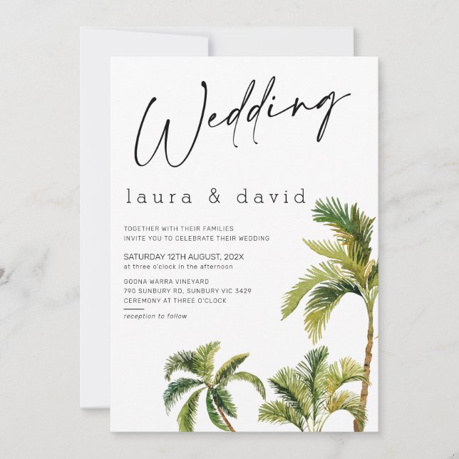 Watercolor Palm Tree Wedding Invitation (Front)