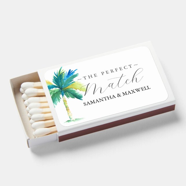 Watercolor Palm Tree Wedding Matchboxes (Front Open)
