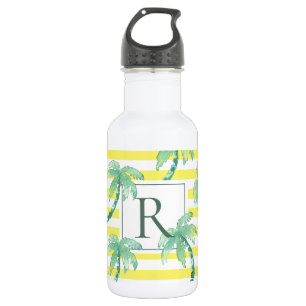 Watercolor Palm Trees and Yellow Striped Monogram Stainless Steel Water Bottle
