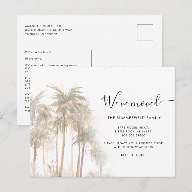 Watercolor Palm Trees Coastal Moving Announcement Postcard (Front/Back)