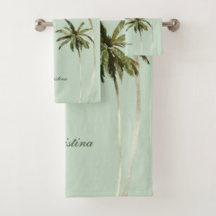 Watercolor Palm Trees Elegant Typography Tropical Bath Towel Set
