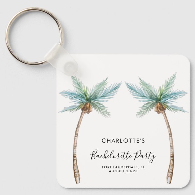 Watercolor Palm Trees Script Bachelorette Party Keychain (Front)