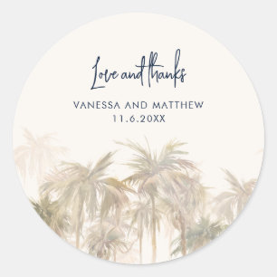 Watercolor Palm Trees Script Wedding Thank You Classic Round Sticker
