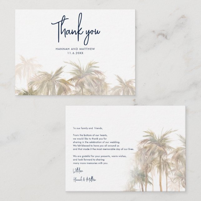 Watercolor Palm Trees Script Wedding Thank You Note Card (Front/Back)