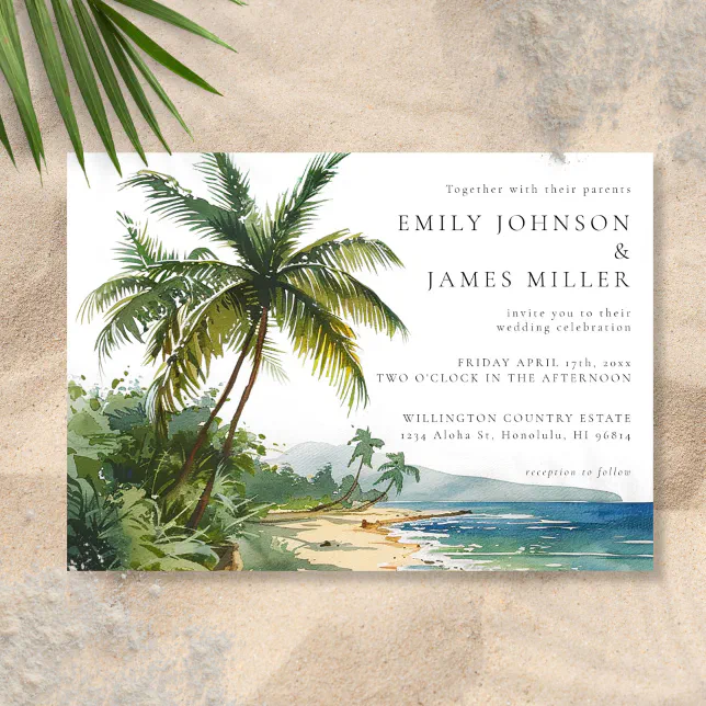 Watercolor Palm Trees Tropical Beach Wedding Invitation | Zazzle