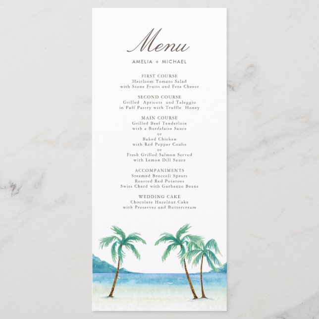 Watercolor Palm Trees Tropical Beach Wedding Menu (Front)