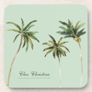 Watercolor Palm Trees Tropical Personalized Green Beverage Coaster