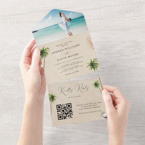 Watercolor Palm Trees Tropical Sand Beach Wedding  All In One Invitation