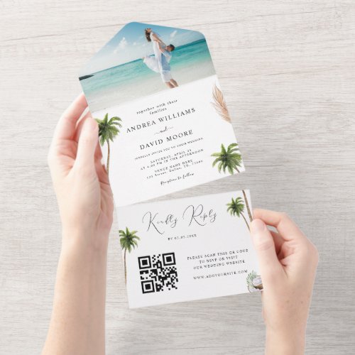 Watercolor Palm Trees Tropical Sand Beach Wedding All In One Invitation